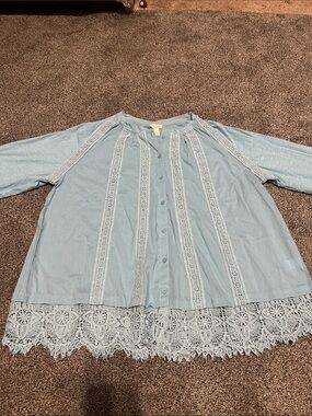 LOGO LAVISH Light Blue Lace-Trim Button Front Blouse 100% COTTON SZ L